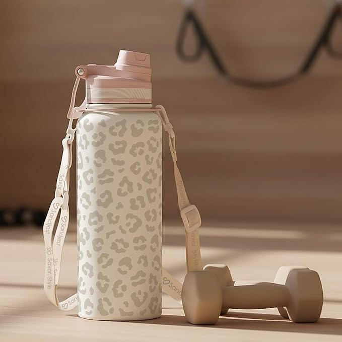 SANDJEST Beige Leopard Skin Stainless Steel Water Bottle with Strap 32oz, Insulated Bottles with Straw and Spout Lid for Gym Sports Travel Outdoor, Gifts for Women Girls Birthday Christmas
