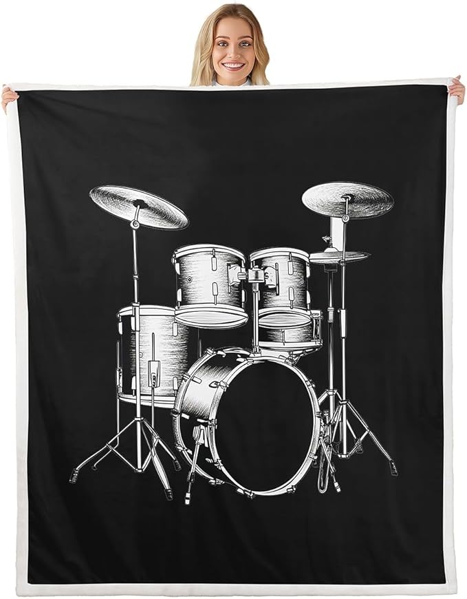 Drum Kit Plush Fleece Throw Blanket for Sofa Couch Bed - Rock Music Themed Sherpa With Musical Pattern - Fuzzy Room Decor - Queen Size 90x90 Inch