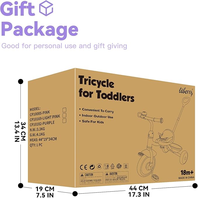 Liberry 2 in 1 Toddler Tricycle Age 2 3 4 Years Old, Kids Trike with Adjustable Push Handle, Bell & Basket, 3 Wheel Bike Riding Toy Birthday for Girls Boys, Purple