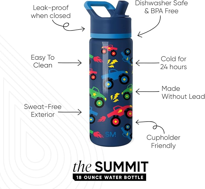 Simple Modern Kids Summit Water Bottle with Straw Lid | 18oz Stainless Steel Cup Insulated Tumbler for Boys, School | Monster Truck Rally