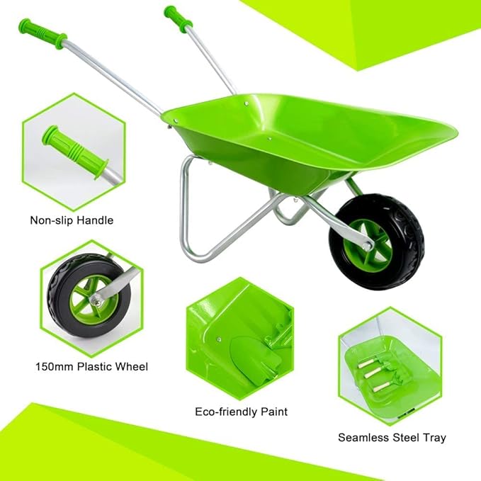 Kids Wheelbarrow Set Metal, Child Wheel Barrel Green Easy to Assemble and Kids Gardening Tools Kit, Garden Toys with Small Wheel Barrow, Outdoor Indoor Toys Gift for Children
