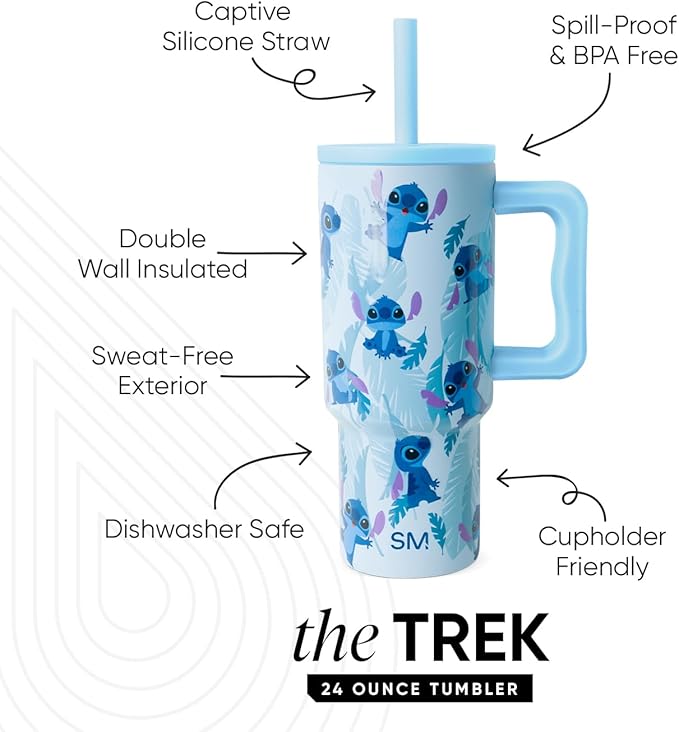 Simple Modern Disney Kids 24 oz Tumbler with Handle and Silicone Straw Lid | Spill Proof and Leak Resistant | Stainless Steel Bottle | Gift for Kids Boys Girls | Trek Collection | Tropical Stitch