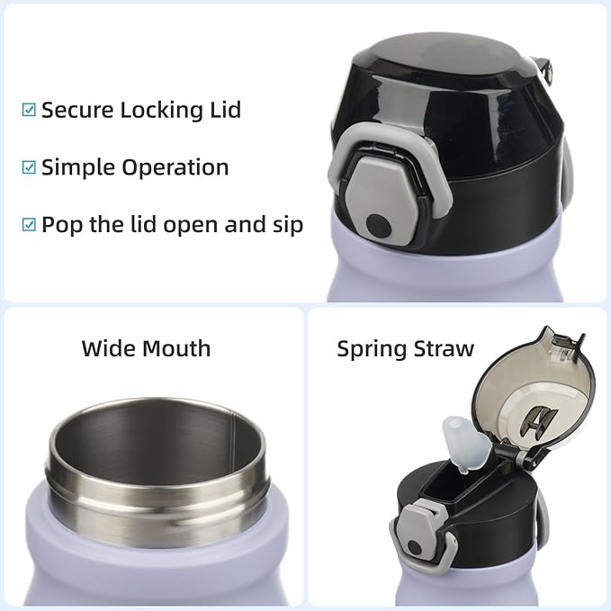 Insulated Water Bottle with Straw and Carry Loop,18 oz Stainless Steel Double Wall Vaccum Metal Water Flask with Leak-proof Lid,Light Purple