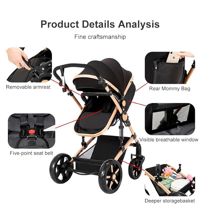 2 in 1 Baby Stroller with Bassinet Mode, Reversible Infant Pram, One-Click Folding, Newborn Travel Stroller, Convertible Toddler Standard Pram Carriage (2US588-BG)