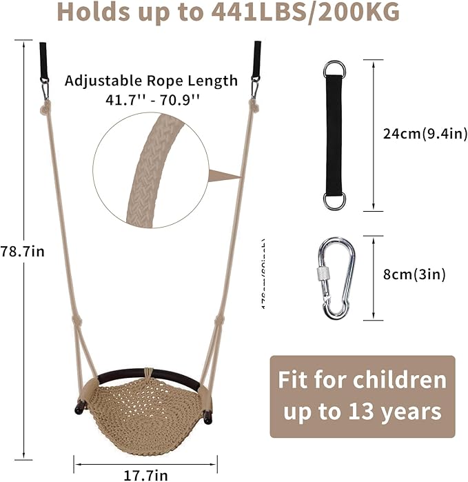 Hi-Na Kids Tree Swing Seat for Kids Rope Swing Seat, Indoor Swing for Kids Outdoor, Backyard Swing Tree Swing Seat Door Swing (Khaki)