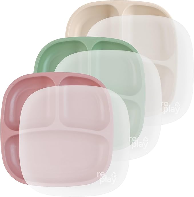 Re-Play Toddler Plates with Dividers - Deep-Walled 3 Compartments Divided Plates for Kids with 3 Lids - Dishwasher & Microwave Safe - Made in USA - Set of 3-7.37" x 7.37" x 1.25" - Desert Roses