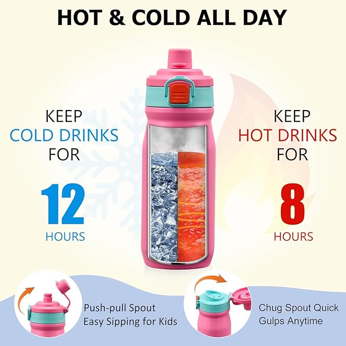 Bento Lunch Box for Kids with Thermos, Leakproof Bento Box with 8oz Insulated Food Jar, Insulated Bottle, Lunch Bag, BPA Free Dishwasher Safe 4 Compartment Container for School Girls Boys (Pink)