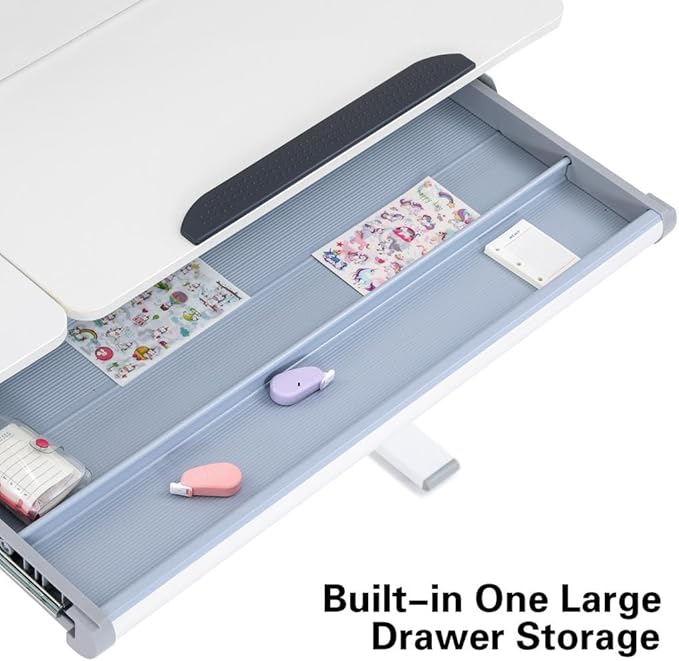 COSVALVE 39in Wide Adjustable Height Kids Desk with Tilting Desktop, Steel Frame, Drawer, and Bookshelf Hutch, Study Child Table for Ages 3-12, Grey