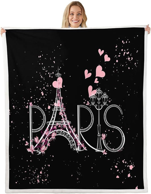 Eiffel Tower Fleece Throw Blanket - Chic Paris Plush for Sofa, Couch, Bed - Romantic Theme Fuzzy Black Pink Bedroom Decor - Modern French Style Sherpa Queen 90"x90"