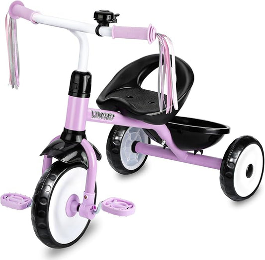 Liberry Toddler Tricycle Age 2 3 4 Years Old, Kids Trike with Bell, Back Basket and Removable Pedal, 3 Wheel Bike Riding Toy Gift for Girls, Purple