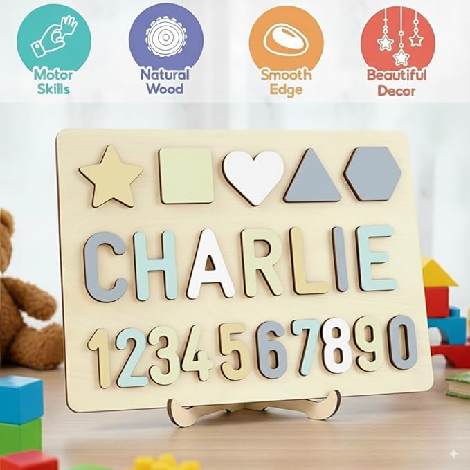 Name Puzzle for Kids Personalized Baby Gifts Wooden Toys Puzzles for Toddlers 1-3 Shapes Number Puzzle Educational Learning Toys Customized for Boys Girls First Birthday