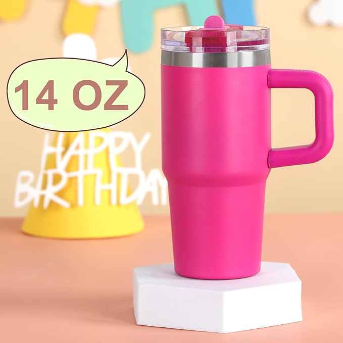 Cosictic 14 Oz Flip Straw Tumbler with Handle for Kids, Stainless Steel Double Wall Insulated Cup for Children with Flip Top Lid, 14 Oz Leak-proof Cups for Kids, Hot Pink