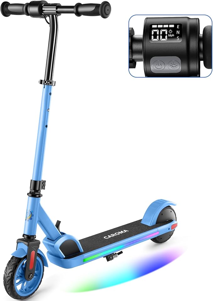 Caroma Electric Scooter for Kids Ages 6-14, 180W/150W Motor & 10 Mph, 85 Mins Ride Time, Adjustable Height & Speed, LED Display & Colorful Lights, Kids Electric Scooter, Best Gifts for Girls and Boy