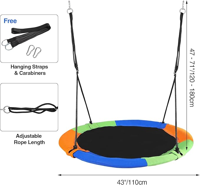 RedSwing 43" Flying Saucer Tree Swing for Kids Outdoor, Waterproof Large Round Swings Seat with Adjustable Hanging Straps for Backyard Outdoor Indoor Playground, Green Orange Blue