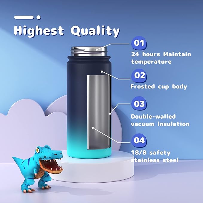 Kids Water Bottle, 16oz Water Bottles Kids with Straw and Stickers, Stainless Steel Vacuum Double Wall Insulated cup, Kids Water Bottle for School, Gifts for Boys(Navy blue)