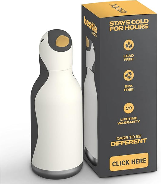 asobu Bestie Bottle Insulated Stainless Steel Water Bottle with Detachable Soft Animal Head Fun Drinking For Kids and Teens with Flexible Reusable Straw 16 Ounce (Penguin)