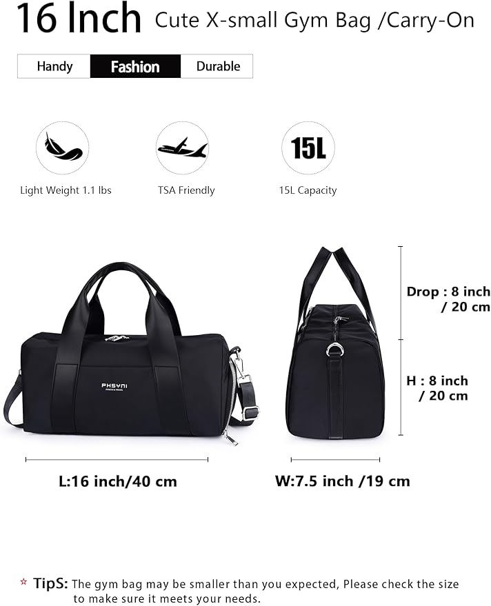 Compact Sports Gym Bag for Women & Girls and Kids, Cute Mini Duffle Bag with Wet Pocket & Shoes Compartment, Personal Item Travel Workout Bag, 16"-Small, Black