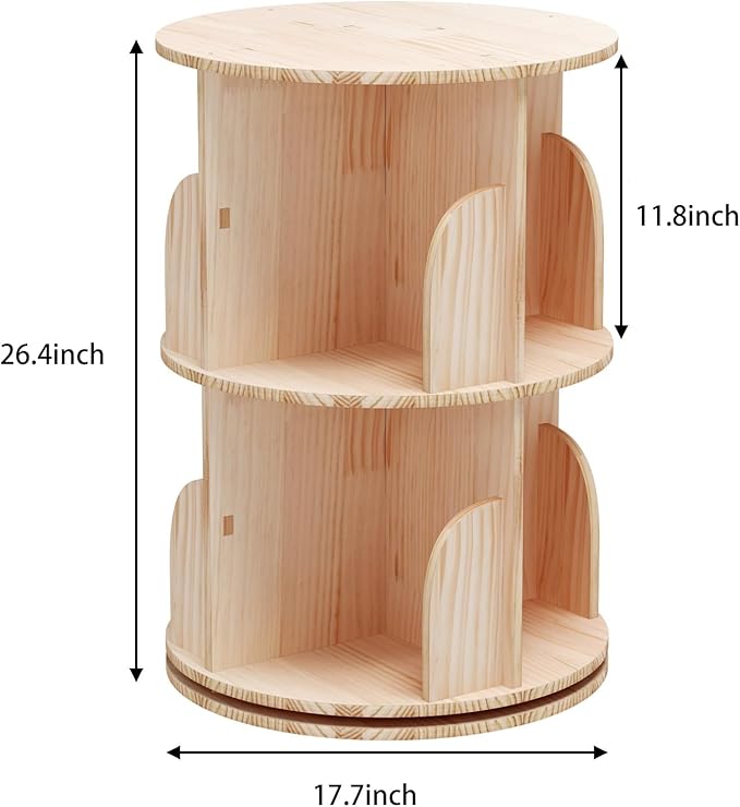 Rotating Bookshelf, 360 Display 2 Tier Floor Standing Bookcase Storage Rack for Kids&Adult, Wood Narrow Book Shelf Organizer for Bedroom, Living Room, Study Room