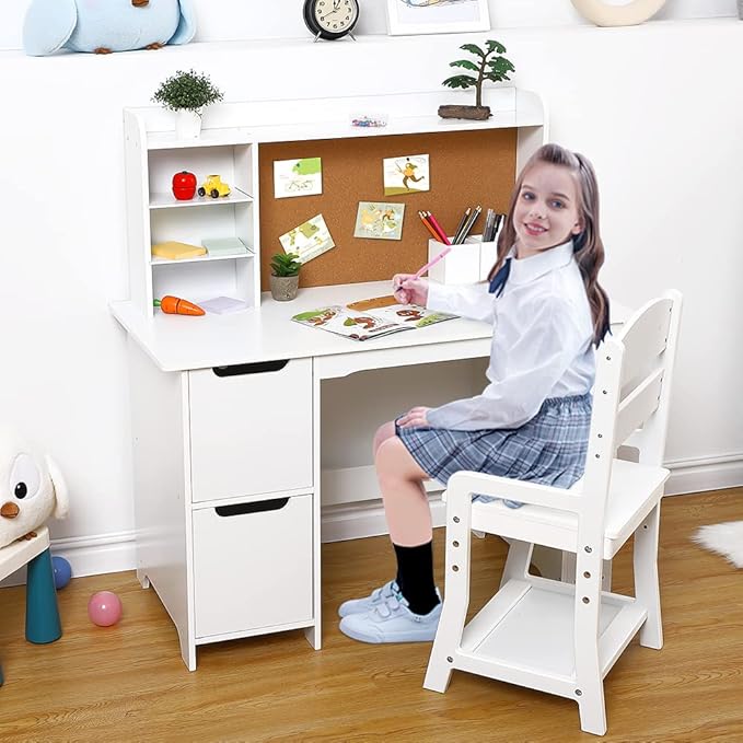 Garvee Kids Desk, Study Desk and Chair Set for Boys and Girl, Wooden Kids Writing Table with Bookshelf, Bulletin Board, and Cabinets for Ages 3-8
