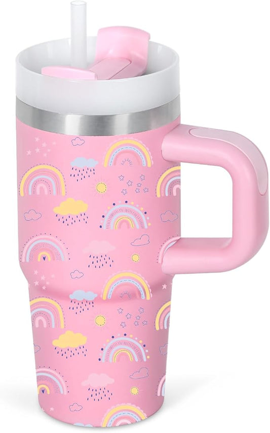 Cosictic 14 Oz Rainbow Tumbler with Handle and Straw for Kids, Stainless Steel Insulated Rainbow Cup for Children, 14 Oz Cups for Kids (Pink)