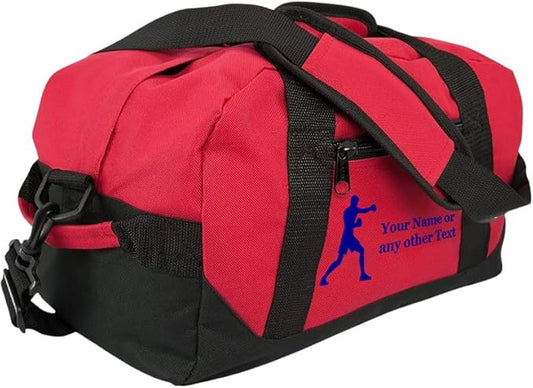 Personalized Passion 14” Small Sports Duffel Bags for Kids - Waterproof Travel Duffle with Name & Boxing Design - Red Two-Toned Kids Weekender Bag for Boys and Girls