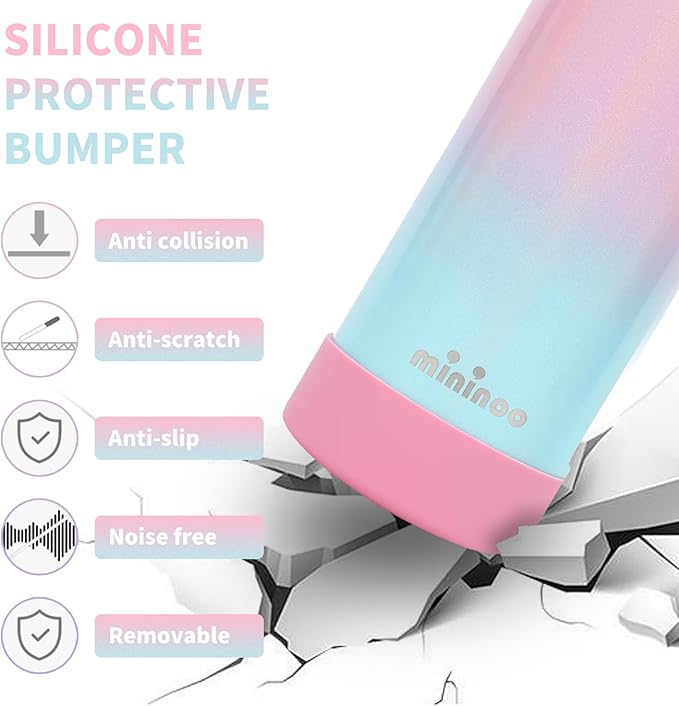 Mininoo Kids Water Bottle for School - 16 oz Stainless Steel Insulated Water Bottle with Ceramic-Lined, Leakproof Straw Lid & Beaded Handle for Girls & Boys