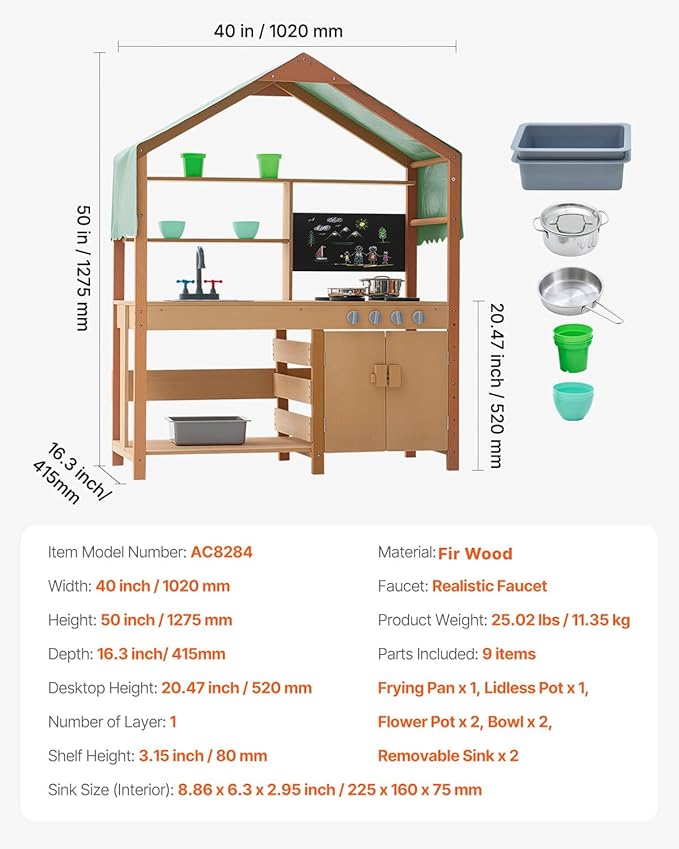 VEVOR Mud Kitchen with Canopy, Fir Wood Play Kitchen for Toddlers with Accessories, Mud Kitchen for Kids Outdoor Backyard with Stoves, Planter Boxes, 2 Sink, Faucet, Blackboard, Cookware Pot