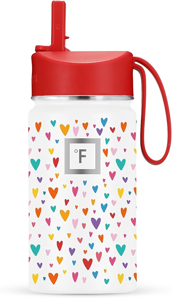 IRON °FLASK Kids Water Bottle - Straw Lid, 20 Name Stickers, Vacuum Insulated Stainless Steel, Double Walled Tumbler Travel Cup, Mug - Rainbow Hearts, 14 Oz