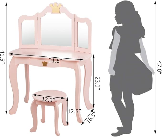 Costzon Kids Vanity Table and Chair Set, Princess Makeup Dressing Table with Drawer & Tri-Folding Mirror, 2 in 1 Vanity Set with Detachable Top, Pretend Beauty Play Vanity Set for Girls (Pink)