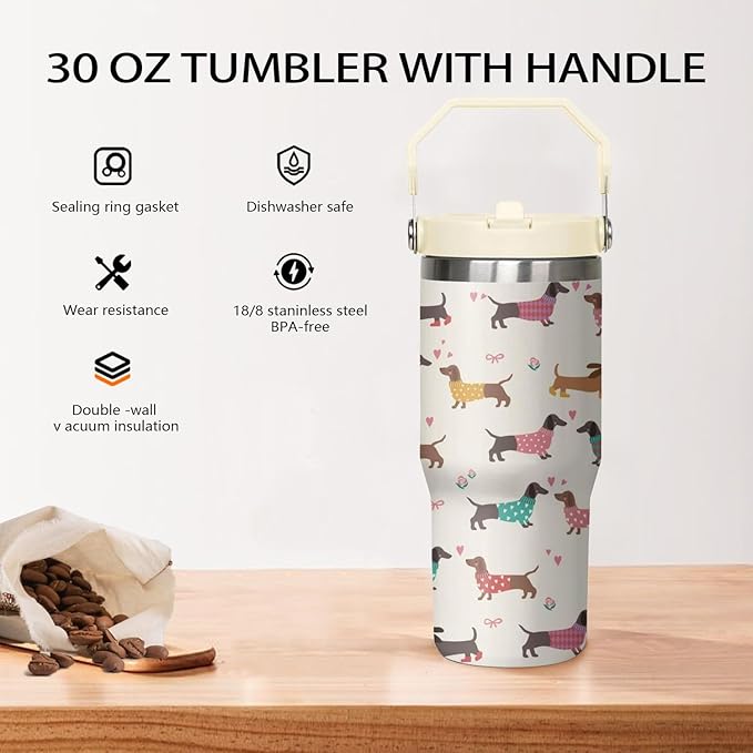 30 oz Dachshund Tumbler with Lid and Straw, Dachshund Coffee Mug, Dog Gifts