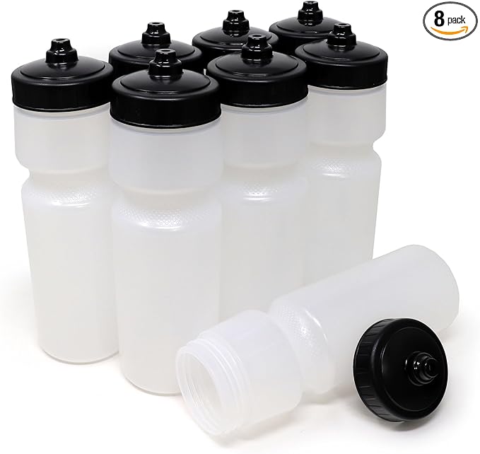 Rolling Sands USA Made 24 oz Sports Squeeze Water Bottles, 8 Pack, BPA-Free, Easy Drink One Way Flow Valve, Fits Most Bike Cages, Dishwasher Safe, Durable, Reusable and Lightweight, Clear Frost