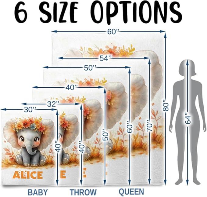 Custom Baby Girl Blanket with Name Personalized Cute Elephant Blanket Customized Soft Flannel Throw Blanket Gift for Birthday Baby Shower