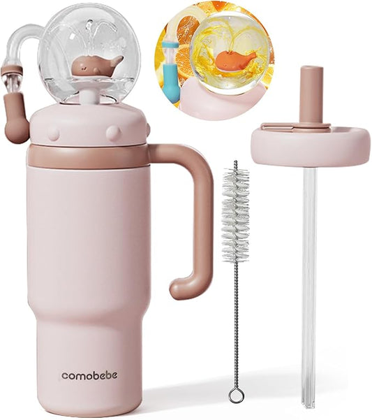 Insulated Whale Fountain Cup, 24 oz Stainless Steel Travel Mug with Handle, Leak-Proof Straw Cup, 2025 model - Washable. Suitable for children, teenagers and adults (dusty pink)