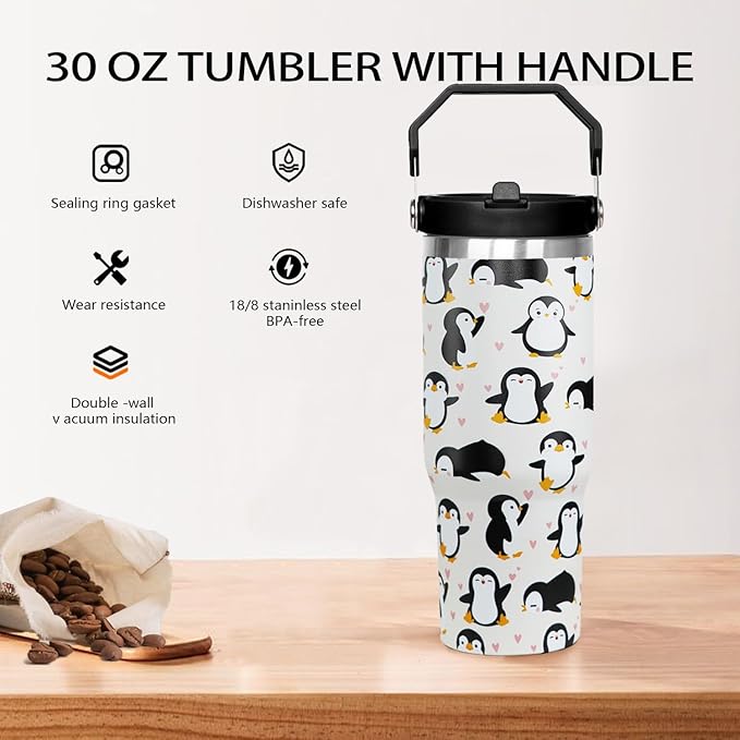 30oz Penguin Flip Tumbler Coffee Travel Mug Cup Water Botter, with Handle lid and Straw,Fall Gifts for Women,Penguin Stuff Decor Accessories
