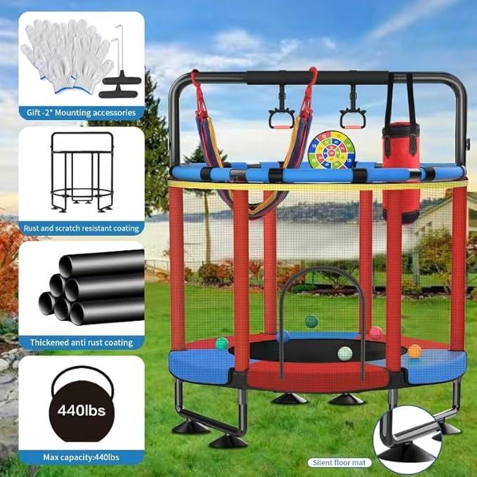 Trampoline for Kids, Upgrade Full Anti-Rust 440lbs Indoor Outdoor Toddler Trampoline with Net, 55" Adjustable Baby Toddler Trampolines Accessories with 8 Toys Dart Board