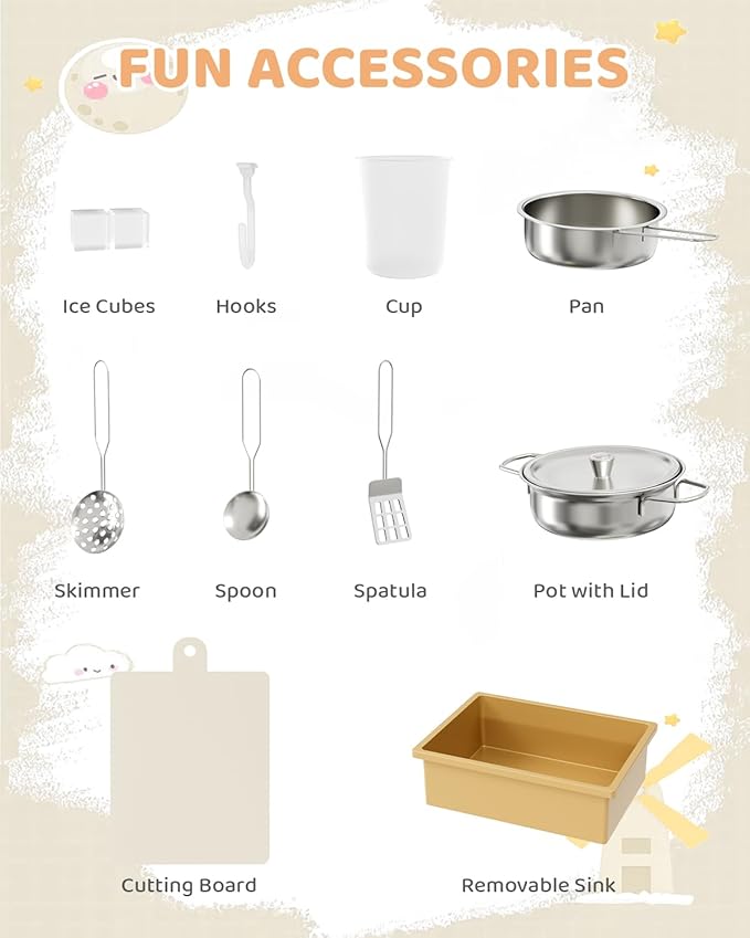 MAMIZO Wooden Corner Play Kitchen, Large Ultimate Interactive Toddler Pretend Kids Kitchen Playset with Blackboard, Stove & Range Hood w/Light & Sound, Ice Maker, Washing Machine, 6 Toy Set (Cream)