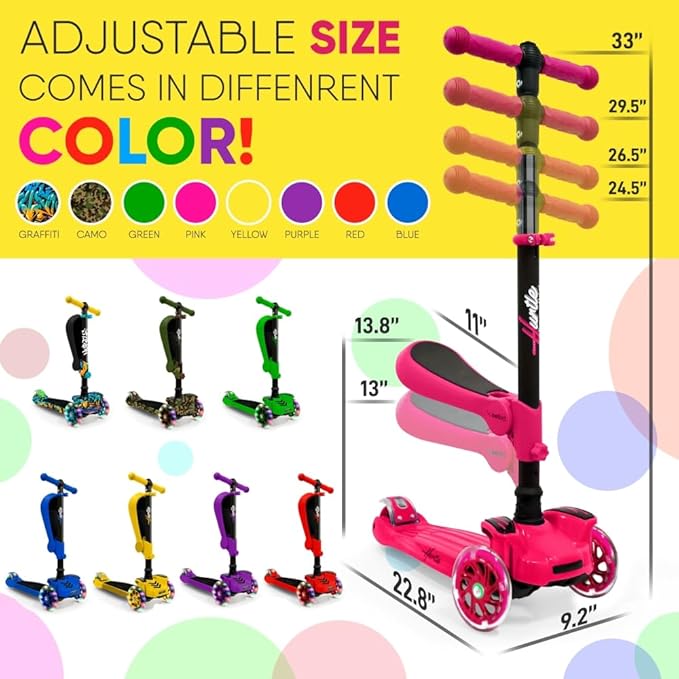 Hurtle 3-Wheeled Scooter for Kids - Wheel LED Lights, Adjustable Lean-to-Steer Handlebar, and Foldable Seat - Sit or Stand Ride with Brake for Boys and Girls Ages 1-14 Years Old