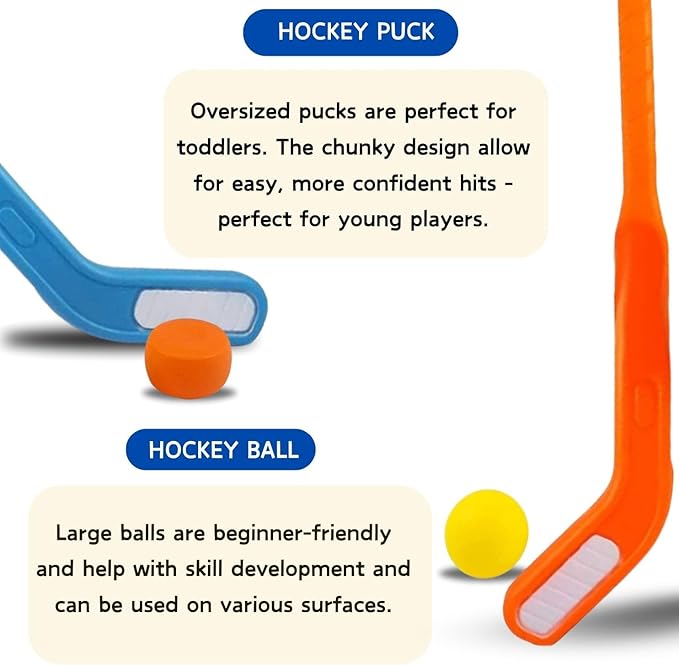 Kids Floor Hockey Stick Bulk Set - 29" Youth Indoor Toys Sports Starter Set with Large Plastic Pucks and Balls for Toddlers, Children (6 Pack)
