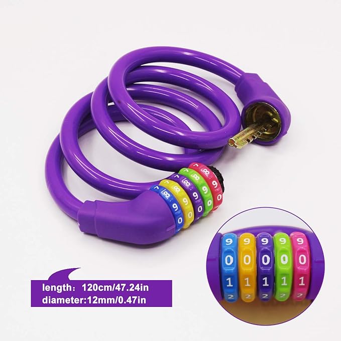 Bike Lock Cable Resettable Cable Lock Self Coiling 5 Digit Combination Bike Lock 4 Feet 120cm (Purple)