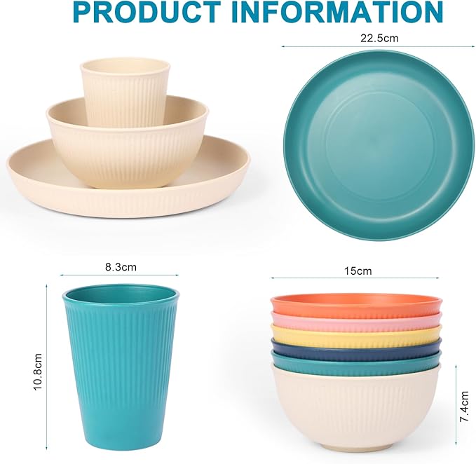 18pcs Wheat Straw Dinnerware Sets, Unbreakable dish Set Reusable Plates, Bowls, and Cups Set dishes Dishwasher Microwave Safe for Kitchen Outdoor Travel Camping (Macron Color)