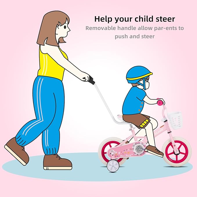 KEANO Voyager 10 12 Inch Kids Bike for Boys and Girls Ages 1-4 Years, Toddler Bike with Training Wheels & Basket, Detachable Parent Push Handle, Children Bicycle