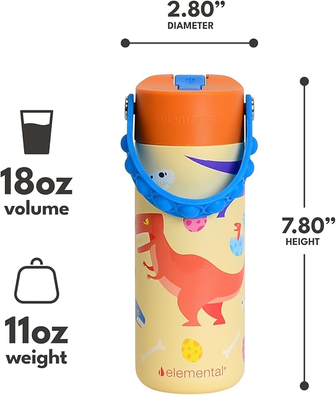 Elemental Insulated Kids Water Bottle, Stainless Steel Water Bottle with Straw Lid & Pop-It Handle, Leak-Proof Water Bottles for School, Boys or Girls, Travelling and Sports, 18oz - Dino Rage