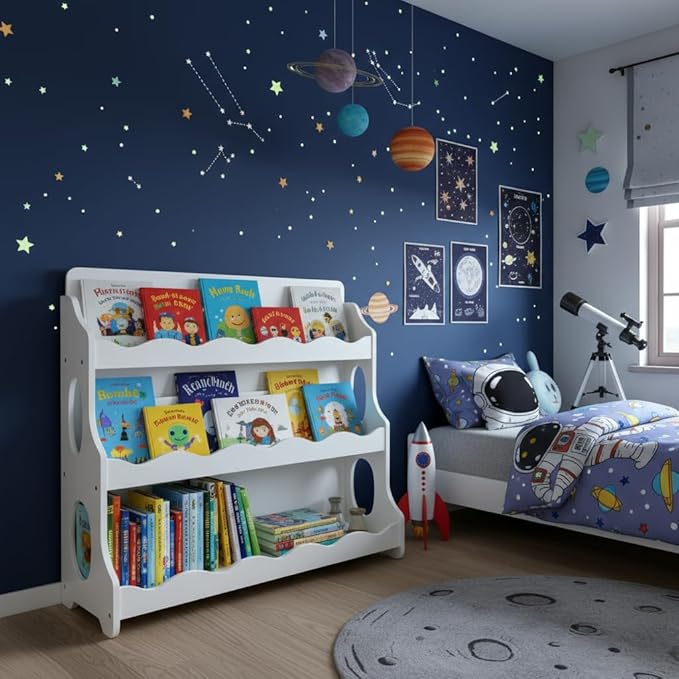 Kids Bookshelf Wooden Montessori Book Shelf Dutch Design 3Tier Scalloped White Gift