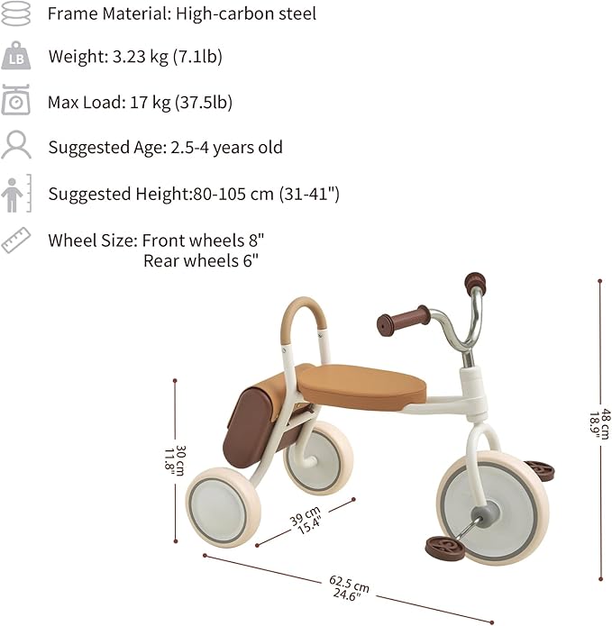 Kidpop Mate Toddler Tricycle Age 2.5-4 Kids First Birthday Gift Toy Bike with Handlebar Grips & Storage for Outdoor Play (White)