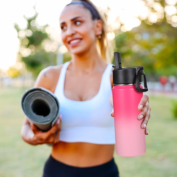 Volhoply 16 OZ Kids Water Bottle Bulk 2 Pack,Insulated Sports Bottles with Straw Lid,Stainless Steel Bottle with Handle Keep Cold&Hot,Double Wall Vacuum Tumbler Cups for School(Assorted, 2)