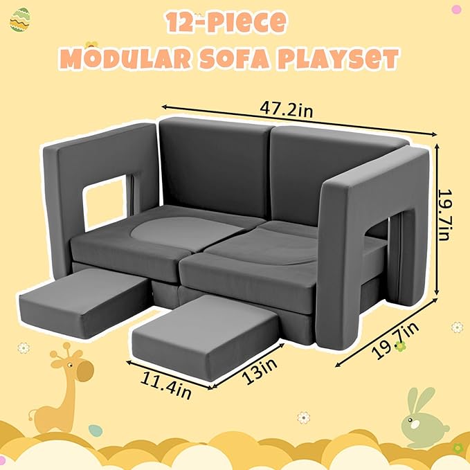 12Pcs Modular Kids Play Couch Multifunctional Foam Toddler Sofa Convertible Kids Sofa Playroom Bedroom Furniture Floor Foam Explorer Couch with Building Fort Feature for Boys and Girls (dark gray)
