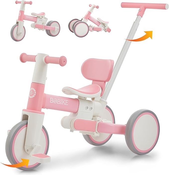 5-in-1 Tricycle for Toddlers 18 Months to 5 Years Old, Toddler Bike, Kids Tricycle with Push Handle and Backrest, Toddler Balance Bike with Easy Assembly for Boys and Girls.(Pink)