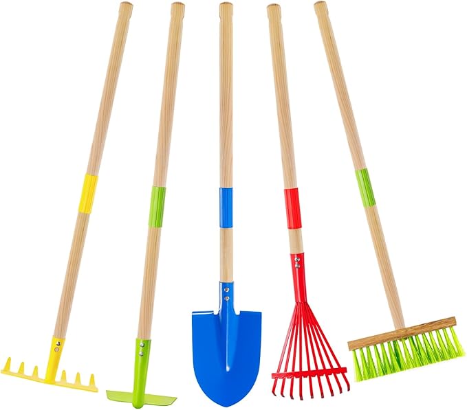 Theefun Kids Garden Tool Set: Safe Toddler Size Hoe, Rake, Shovel, Leaf Rake, Broom 5-Piece Kids Gardening Tools with Wooden Handle and Metal Head for Child Christmas Outdoor Toys Gift for Boys Girls