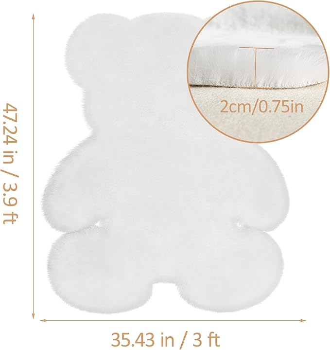 3x3.9ft White Small Bear Shaggy Rug, Soft Fluffy Faux Sheepskin Fur Rug Fuzzy Shag Area Rug Cute Plush Carpet for Nursery Kids Girls Bedroom Room Aesthetic Living Room Home Decor, White