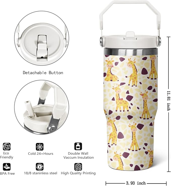 30 oz Giraffe Tumbler with Lid and Flip Straw, Stainless Steel Cup, Coffee Travel Mug, Giraffe Gifts, Decor Accessories